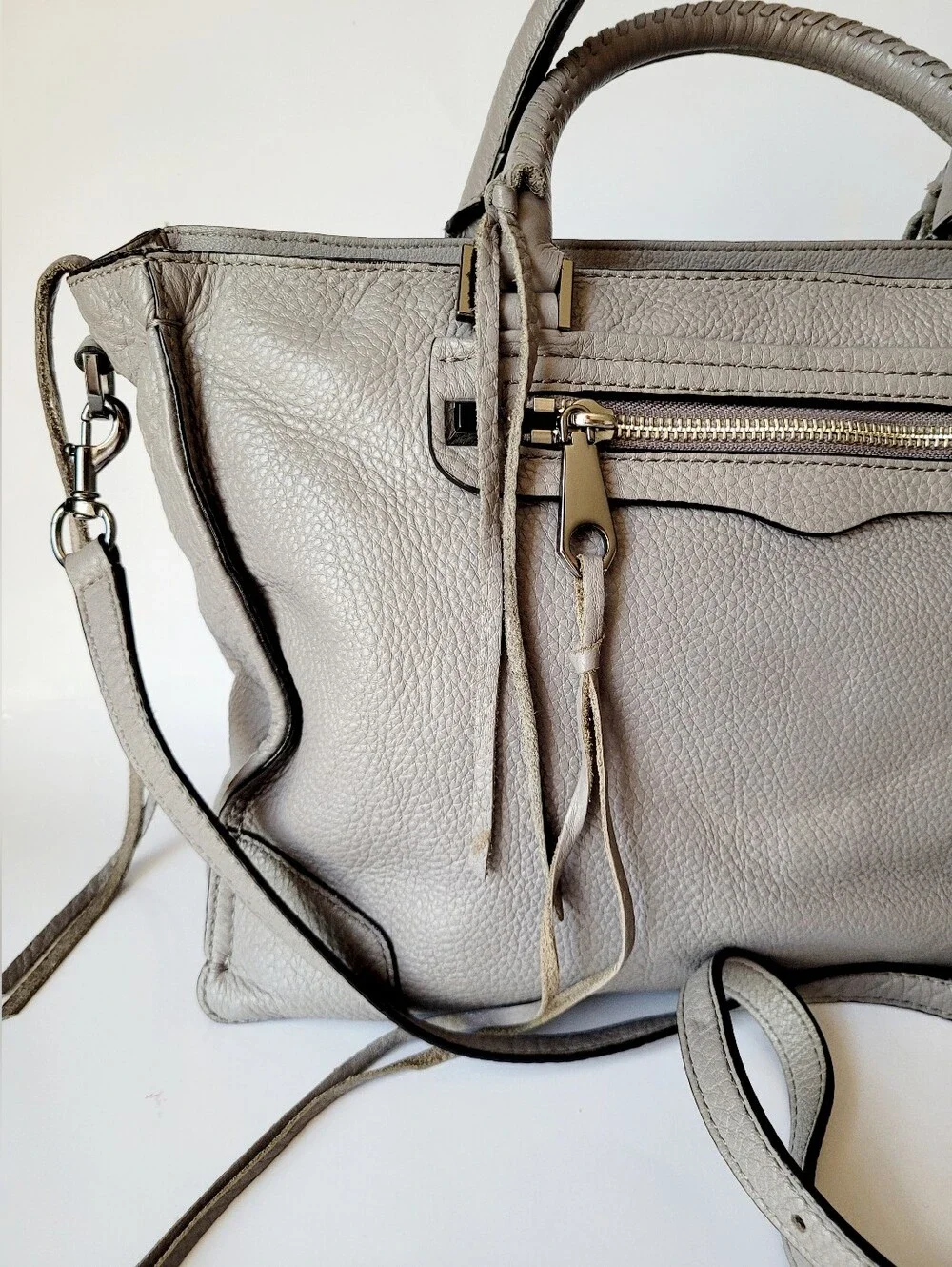 Rebecca Minkoff Regan 100% Genuine Pabbled Leather Bag Laptop Size Taupe Gray